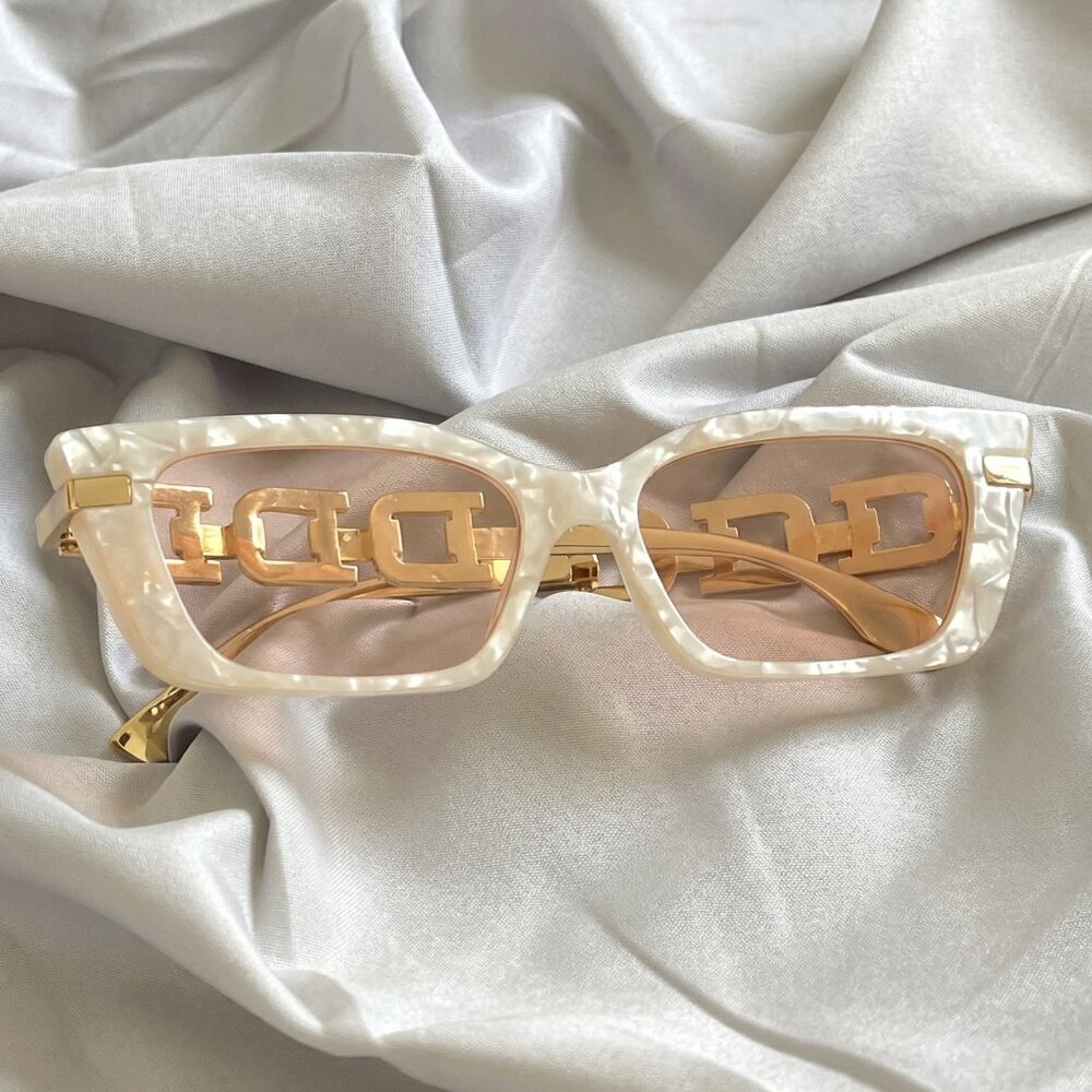 Y2K Cream Rectangular Sunglasses with Gold Detail